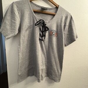 Women's Broken Spoke Saloon Shirt Adult M Gray W Blk Tie Up ‎ Bike Week